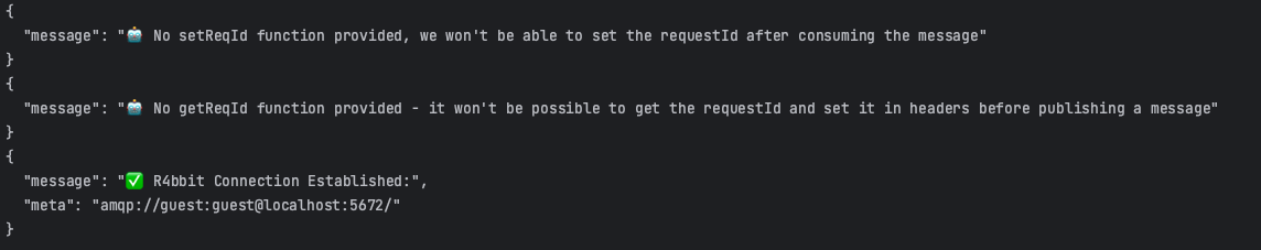Example of logs with console.log and isColor and isJson options both seet to False